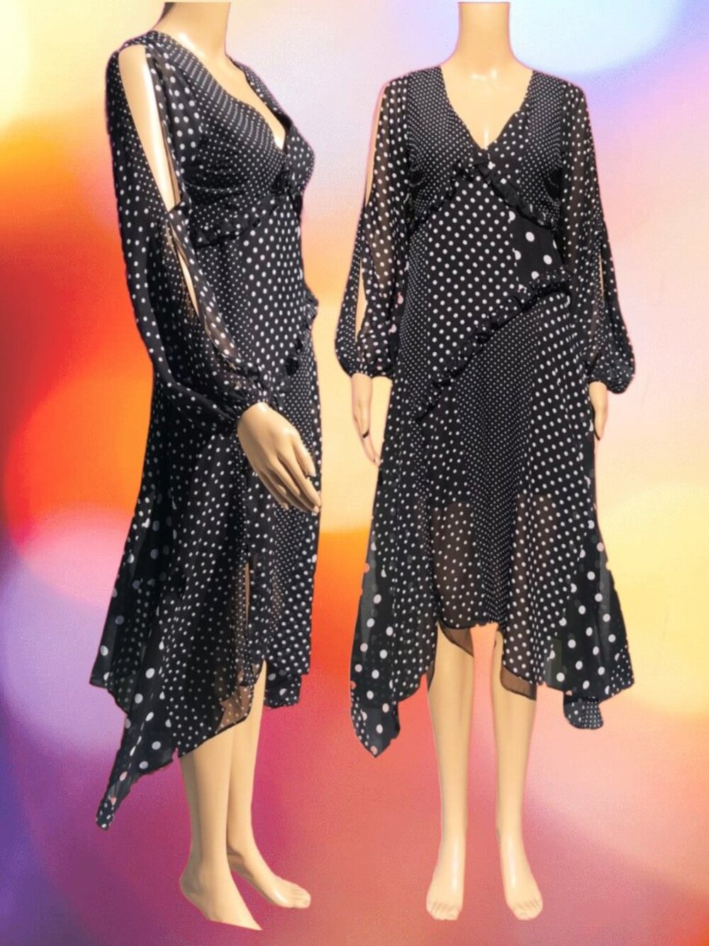 MISS SELFRIDGE Polka Dots Angled Panels Ruffles Handkerchief Hemline Dress Sz 0